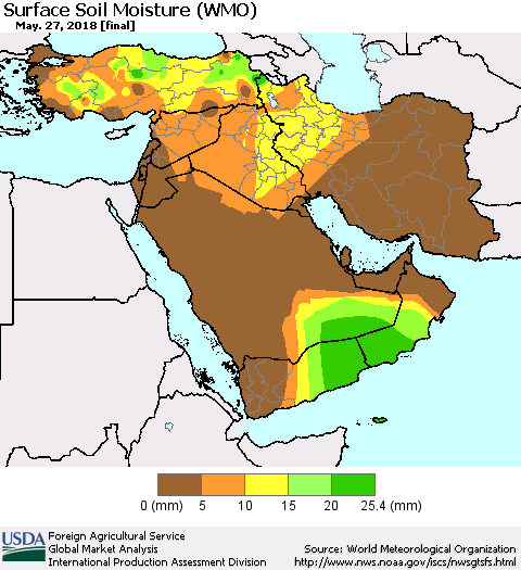 Middle East and Turkey Surface Soil Moisture (WMO) Thematic Map For 5/21/2018 - 5/27/2018