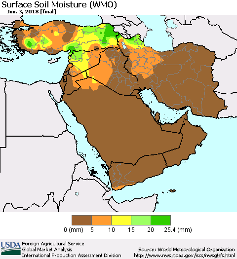 Middle East and Turkey Surface Soil Moisture (WMO) Thematic Map For 5/28/2018 - 6/3/2018