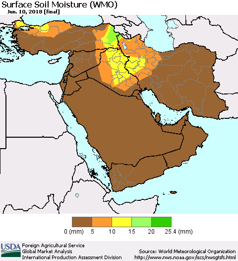 Middle East and Turkey Surface Soil Moisture (WMO) Thematic Map For 6/4/2018 - 6/10/2018