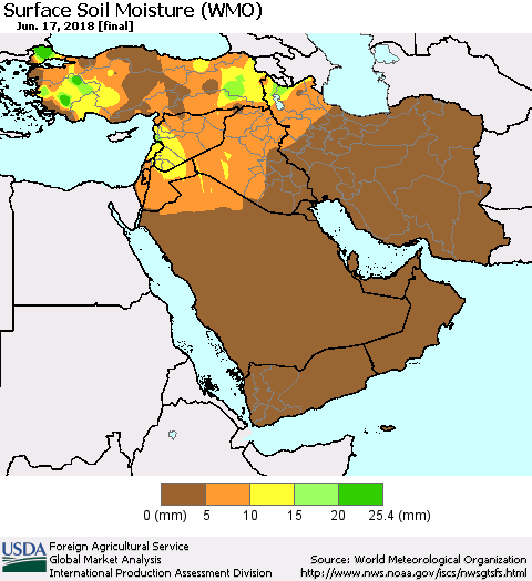 Middle East and Turkey Surface Soil Moisture (WMO) Thematic Map For 6/11/2018 - 6/17/2018