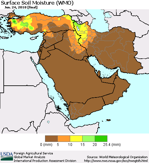 Middle East and Turkey Surface Soil Moisture (WMO) Thematic Map For 6/18/2018 - 6/24/2018