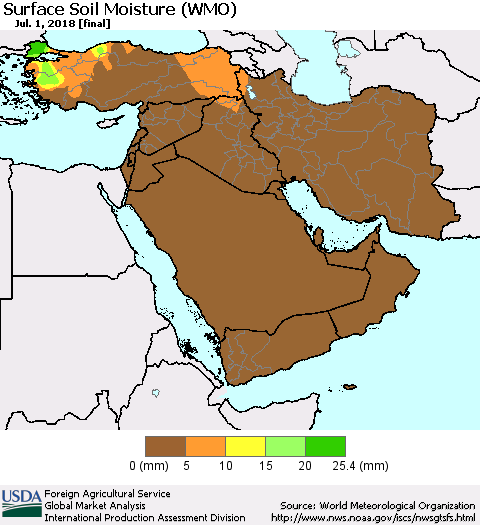 Middle East and Turkey Surface Soil Moisture (WMO) Thematic Map For 6/25/2018 - 7/1/2018