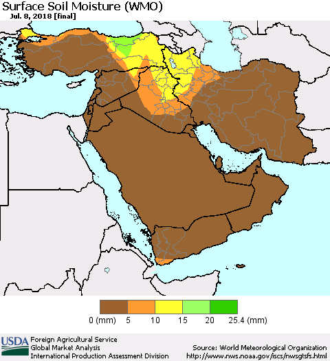 Middle East and Turkey Surface Soil Moisture (WMO) Thematic Map For 7/2/2018 - 7/8/2018