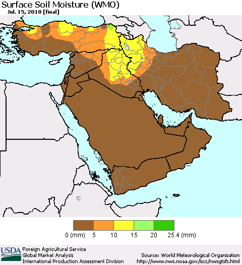 Middle East and Turkey Surface Soil Moisture (WMO) Thematic Map For 7/9/2018 - 7/15/2018