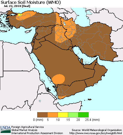 Middle East and Turkey Surface Soil Moisture (WMO) Thematic Map For 7/16/2018 - 7/22/2018