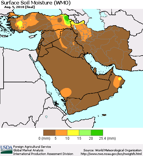 Middle East and Turkey Surface Soil Moisture (WMO) Thematic Map For 7/30/2018 - 8/5/2018