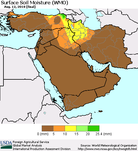 Middle East and Turkey Surface Soil Moisture (WMO) Thematic Map For 8/6/2018 - 8/12/2018