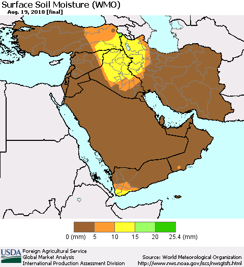 Middle East and Turkey Surface Soil Moisture (WMO) Thematic Map For 8/13/2018 - 8/19/2018