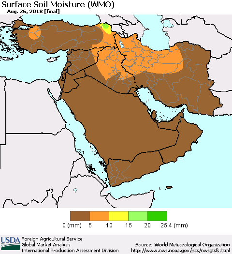 Middle East and Turkey Surface Soil Moisture (WMO) Thematic Map For 8/20/2018 - 8/26/2018