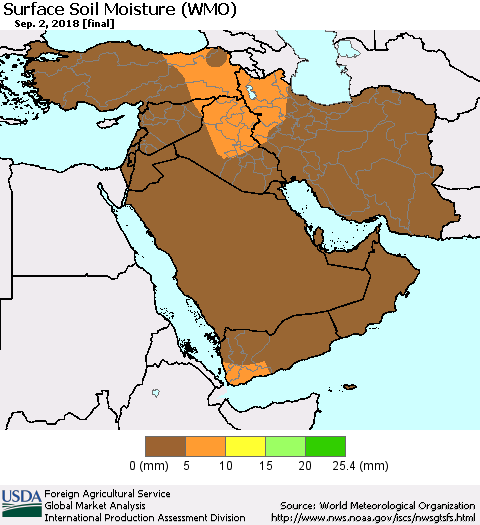 Middle East and Turkey Surface Soil Moisture (WMO) Thematic Map For 8/27/2018 - 9/2/2018