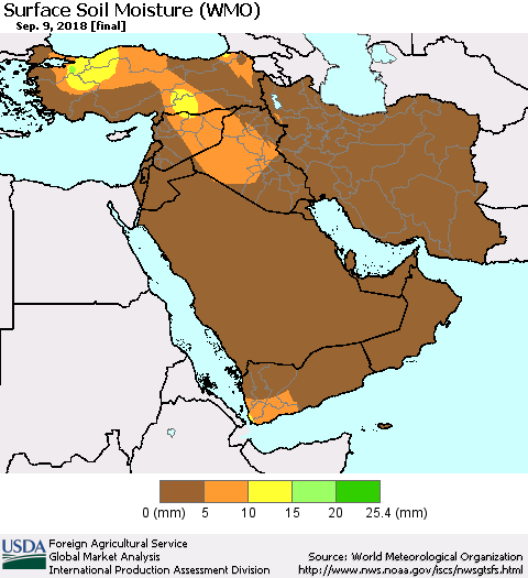 Middle East and Turkey Surface Soil Moisture (WMO) Thematic Map For 9/3/2018 - 9/9/2018