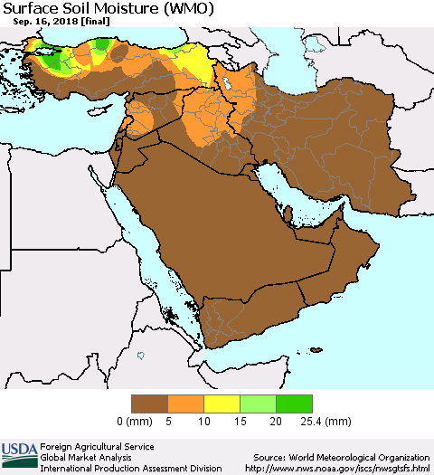 Middle East and Turkey Surface Soil Moisture (WMO) Thematic Map For 9/10/2018 - 9/16/2018