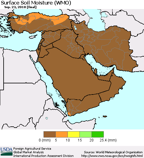 Middle East and Turkey Surface Soil Moisture (WMO) Thematic Map For 9/17/2018 - 9/23/2018