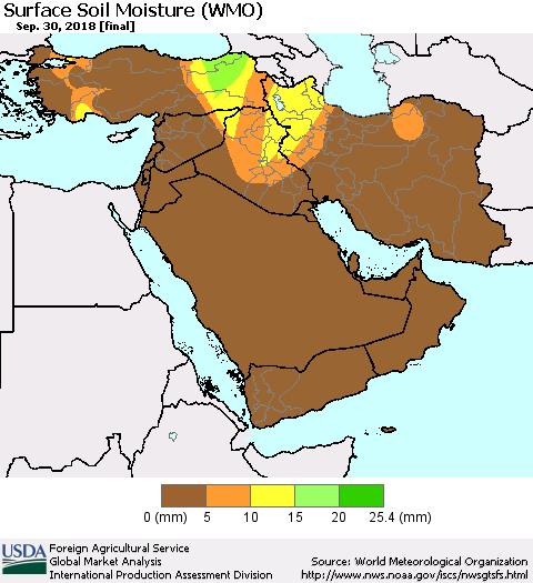Middle East and Turkey Surface Soil Moisture (WMO) Thematic Map For 9/24/2018 - 9/30/2018