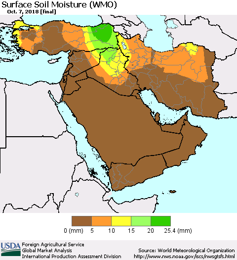 Middle East and Turkey Surface Soil Moisture (WMO) Thematic Map For 10/1/2018 - 10/7/2018