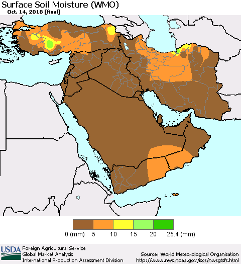 Middle East and Turkey Surface Soil Moisture (WMO) Thematic Map For 10/8/2018 - 10/14/2018