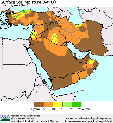 Middle East and Turkey Surface Soil Moisture (WMO) Thematic Map For 10/15/2018 - 10/21/2018