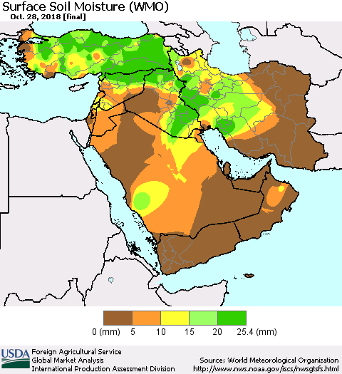 Middle East and Turkey Surface Soil Moisture (WMO) Thematic Map For 10/22/2018 - 10/28/2018