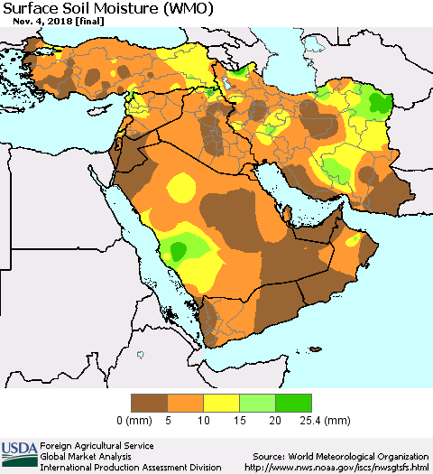 Middle East and Turkey Surface Soil Moisture (WMO) Thematic Map For 10/29/2018 - 11/4/2018