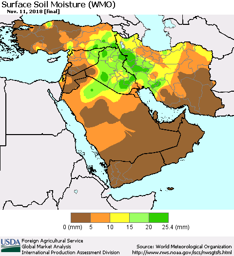 Middle East and Turkey Surface Soil Moisture (WMO) Thematic Map For 11/5/2018 - 11/11/2018