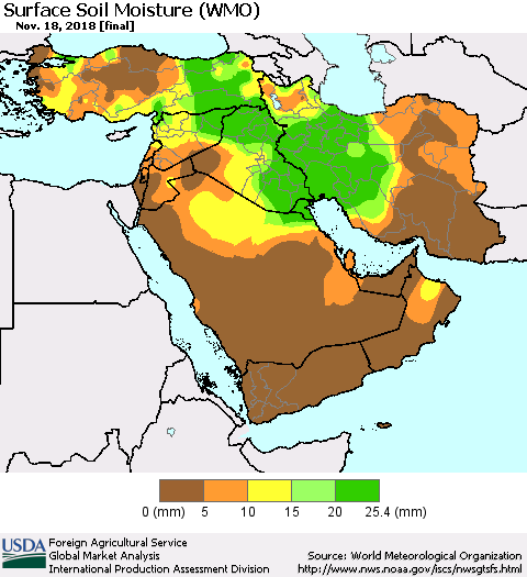 Middle East and Turkey Surface Soil Moisture (WMO) Thematic Map For 11/12/2018 - 11/18/2018