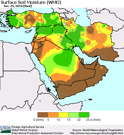 Middle East and Turkey Surface Soil Moisture (WMO) Thematic Map For 11/19/2018 - 11/25/2018