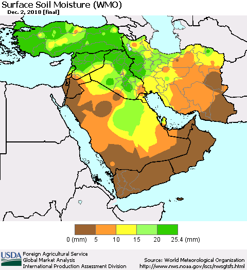 Middle East and Turkey Surface Soil Moisture (WMO) Thematic Map For 11/26/2018 - 12/2/2018