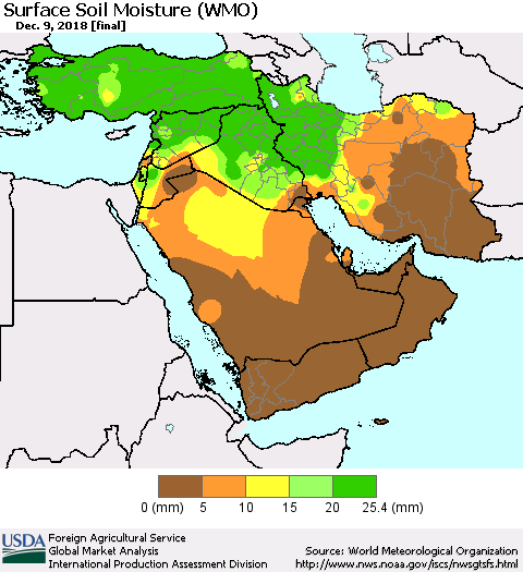 Middle East and Turkey Surface Soil Moisture (WMO) Thematic Map For 12/3/2018 - 12/9/2018