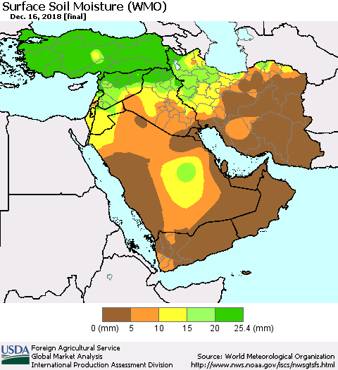 Middle East and Turkey Surface Soil Moisture (WMO) Thematic Map For 12/10/2018 - 12/16/2018