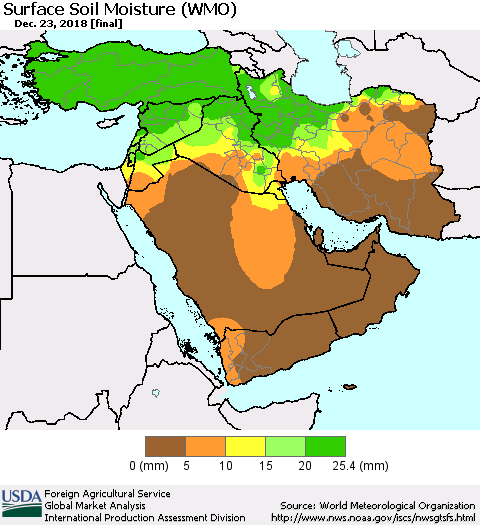 Middle East and Turkey Surface Soil Moisture (WMO) Thematic Map For 12/17/2018 - 12/23/2018