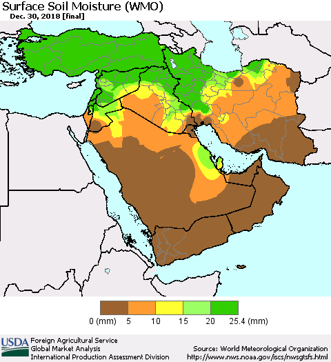Middle East and Turkey Surface Soil Moisture (WMO) Thematic Map For 12/24/2018 - 12/30/2018