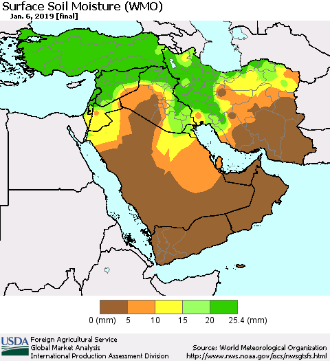 Middle East and Turkey Surface Soil Moisture (WMO) Thematic Map For 12/31/2018 - 1/6/2019
