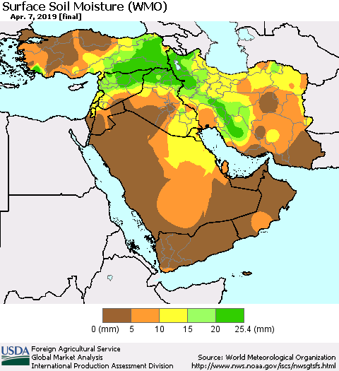 Middle East and Turkey Surface Soil Moisture (WMO) Thematic Map For 4/1/2019 - 4/7/2019
