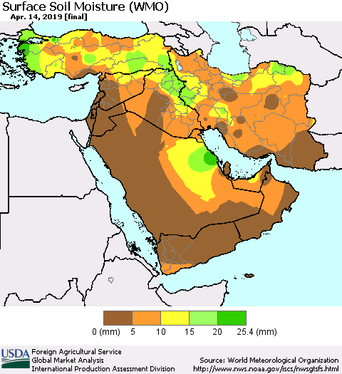 Middle East and Turkey Surface Soil Moisture (WMO) Thematic Map For 4/8/2019 - 4/14/2019