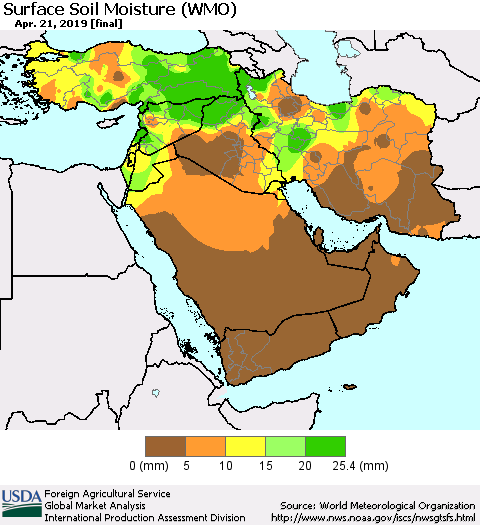 Middle East and Turkey Surface Soil Moisture (WMO) Thematic Map For 4/15/2019 - 4/21/2019