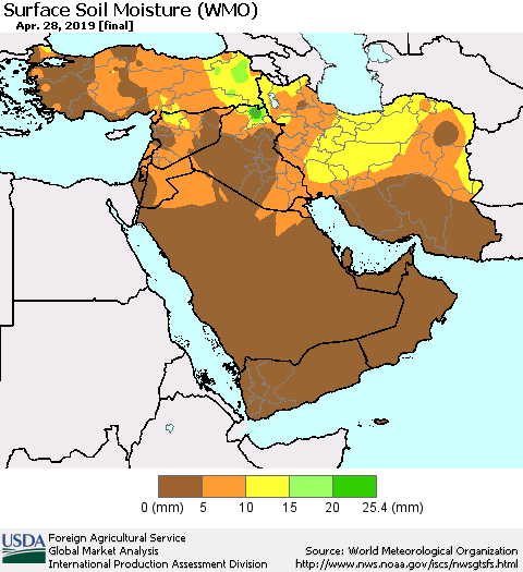 Middle East and Turkey Surface Soil Moisture (WMO) Thematic Map For 4/22/2019 - 4/28/2019