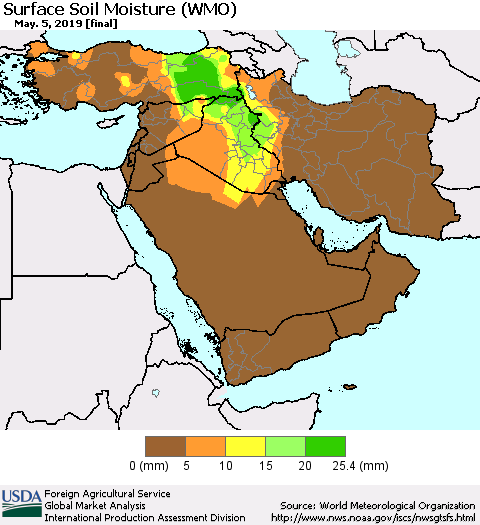 Middle East and Turkey Surface Soil Moisture (WMO) Thematic Map For 4/29/2019 - 5/5/2019