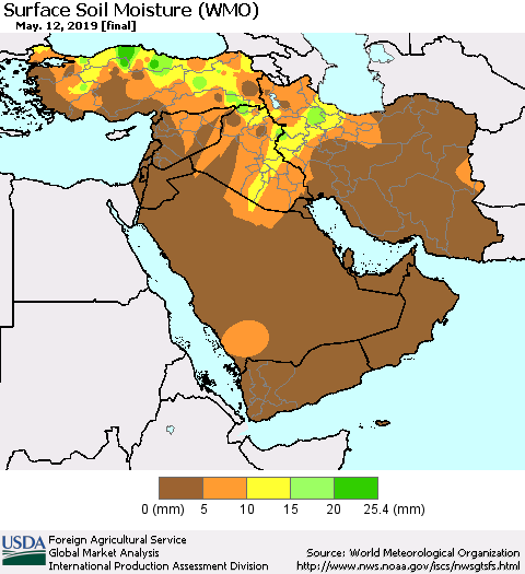 Middle East and Turkey Surface Soil Moisture (WMO) Thematic Map For 5/6/2019 - 5/12/2019