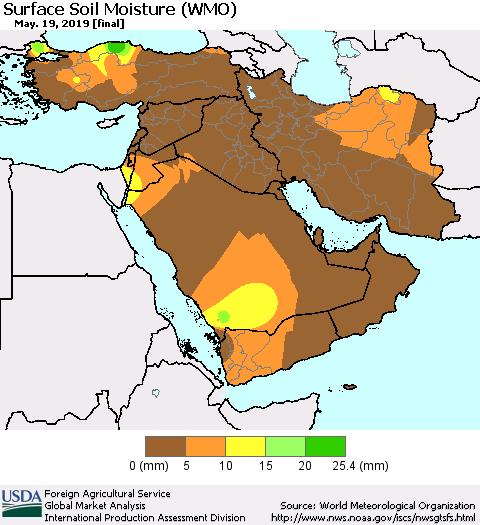 Middle East and Turkey Surface Soil Moisture (WMO) Thematic Map For 5/13/2019 - 5/19/2019