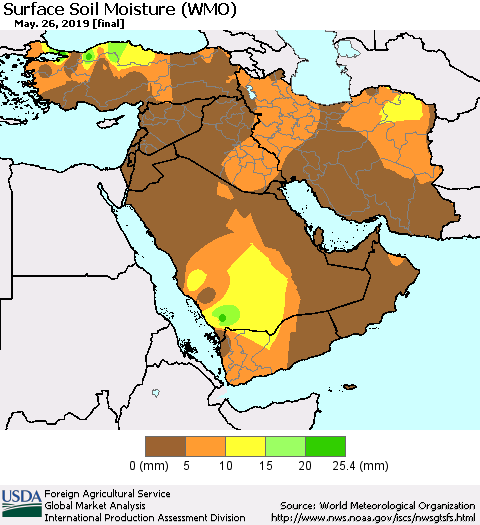 Middle East and Turkey Surface Soil Moisture (WMO) Thematic Map For 5/20/2019 - 5/26/2019