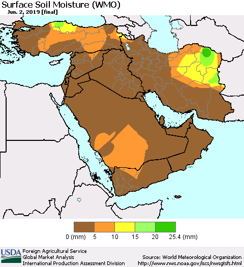 Middle East and Turkey Surface Soil Moisture (WMO) Thematic Map For 5/27/2019 - 6/2/2019