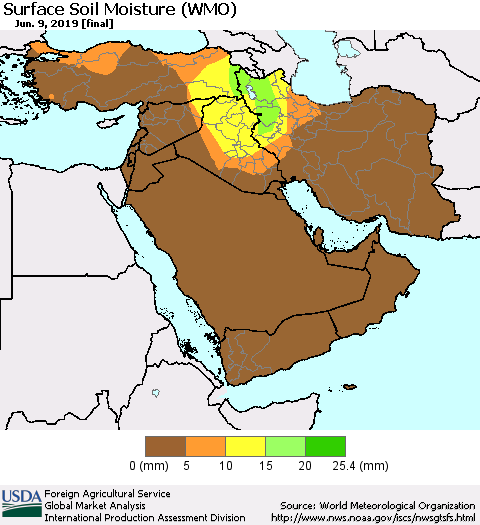 Middle East and Turkey Surface Soil Moisture (WMO) Thematic Map For 6/3/2019 - 6/9/2019