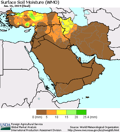 Middle East and Turkey Surface Soil Moisture (WMO) Thematic Map For 6/10/2019 - 6/16/2019