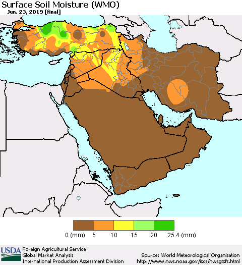 Middle East and Turkey Surface Soil Moisture (WMO) Thematic Map For 6/17/2019 - 6/23/2019