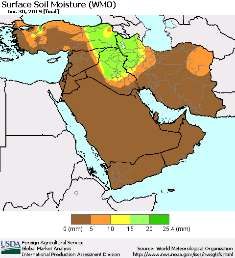 Middle East and Turkey Surface Soil Moisture (WMO) Thematic Map For 6/24/2019 - 6/30/2019