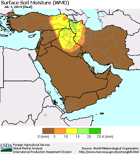 Middle East and Turkey Surface Soil Moisture (WMO) Thematic Map For 7/1/2019 - 7/7/2019
