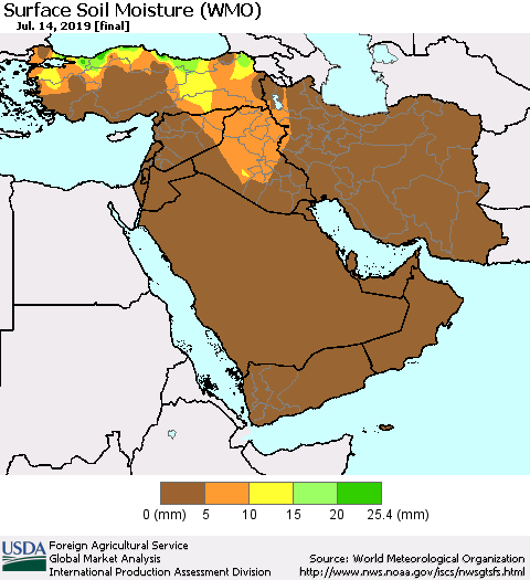 Middle East and Turkey Surface Soil Moisture (WMO) Thematic Map For 7/8/2019 - 7/14/2019