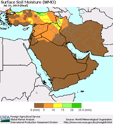 Middle East and Turkey Surface Soil Moisture (WMO) Thematic Map For 7/15/2019 - 7/21/2019