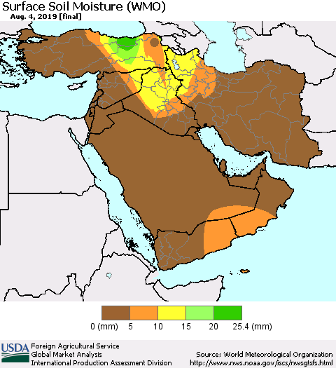 Middle East and Turkey Surface Soil Moisture (WMO) Thematic Map For 7/29/2019 - 8/4/2019