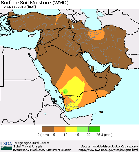 Middle East and Turkey Surface Soil Moisture (WMO) Thematic Map For 8/5/2019 - 8/11/2019